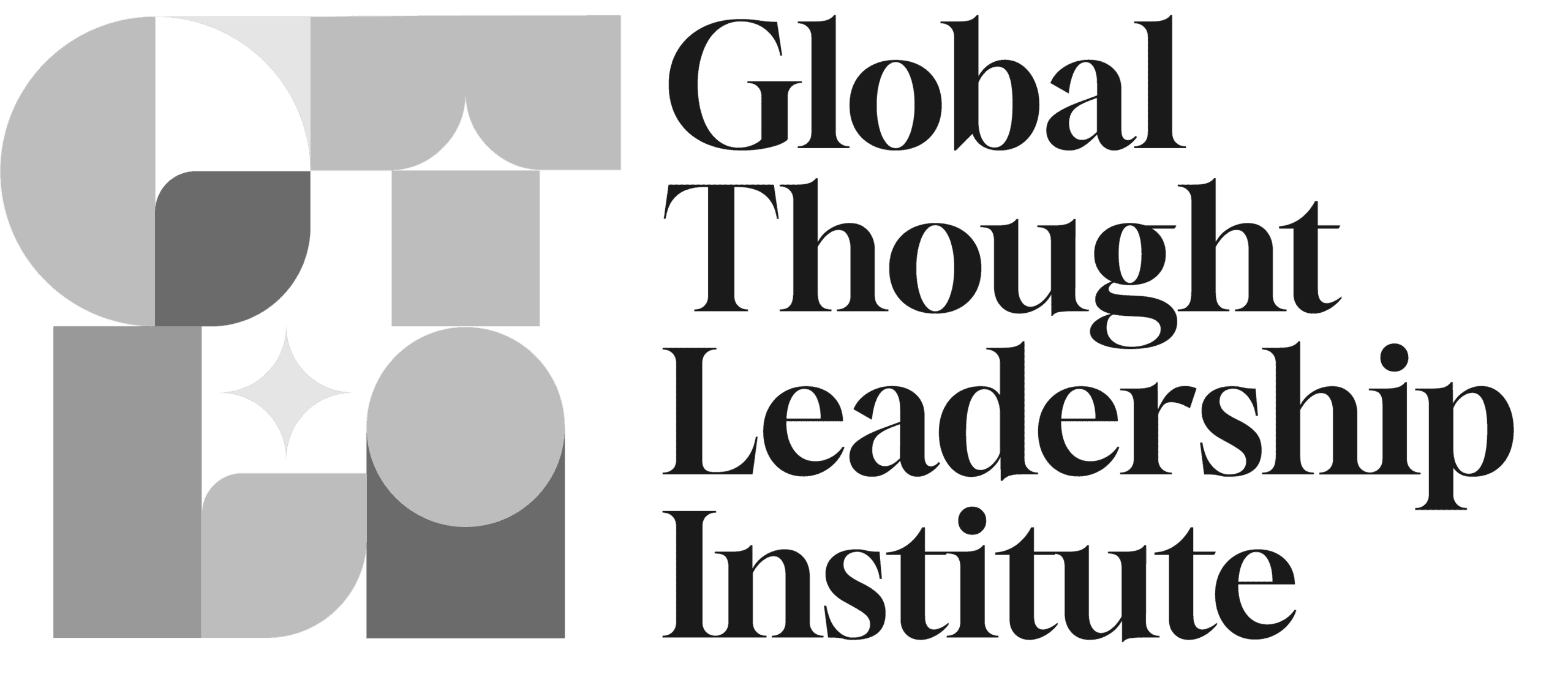 Logo met geometriese vorms in skakerings van grys aan die linkerkant, met die teks "Global Thought Leadership Institute" in groot, vetgedrukte letters aan die regterkant.