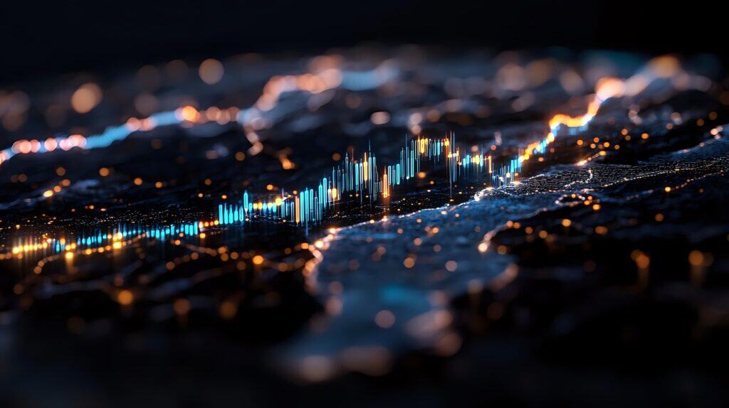'n Nabyskoot van 'n digitale landskapkaart met gloeiende vertikale stawe en datapunte, wat data-analise of finansiële tendense op 'n donker, abstrakte oppervlak voorstel.