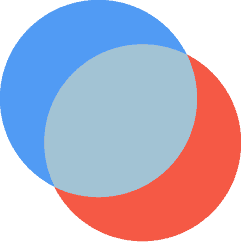 Twee oorvleuelende sirkels, een blou aan die linkerkant en een rooi aan die regterkant, skep 'n pers geskakeerde area in die middel waar hulle kruis, teen 'n liggrys agtergrond.