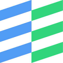 'n Geometriese ontwerp met afwisselende blou en groen diagonale strepe wat in twee kolomme op 'n liggrys agtergrond gerangskik is. Die linkerkolom het drie blou strepe en die regterkolom het drie groen strepe.
