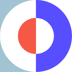 'n Geometriese ontwerp met 'n sentrale rooi sirkel, 'n wit ring daarom, en 'n buitenste blou ring aan die regterkant. Die linkerkant is ligblou en wit, vertikaal in die middel verdeel.