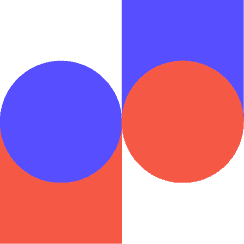 Twee oorvleuelende sirkels vertikaal gesentreer op 'n gesplete agtergrond: die linker sirkel is blou op 'n rooi en wit agtergrond, terwyl die regter sirkel rooi is op 'n blou en wit agtergrond. Beide sirkels oorvleuel gedeeltelik die skeidslyn.