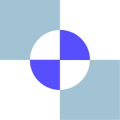 'n Geometriese ontwerp met vier kwadrante; links bo en regs onder is ligblou, regs bo en links onder is wit. 'n Blou en wit sirkel lê oor die middelpunt, in lyn met die kwadrantkleure.