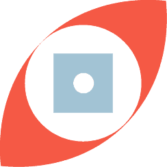 Abstrakte logo met 'n rooi oogvormige buitelyn, 'n wit sirkelvormige middelpunt en 'n blou vierkant met 'n klein wit kolletjie in die middel binne die sirkel. Die agtergrond is liggrys.