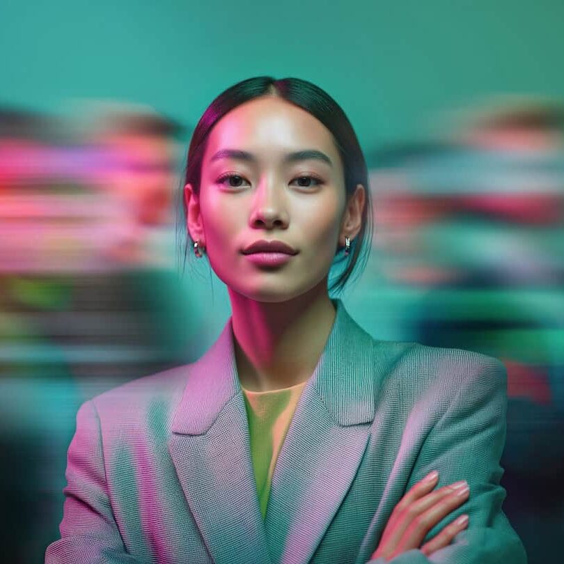 'n Selfversekerde vrou in 'n grys baadjie staan met gekruiste arms, skerp in fokus teen 'n vae, kleurvolle agtergrond met onduidelike mense, wat 'n dinamiese, moderne atmosfeer skep.
