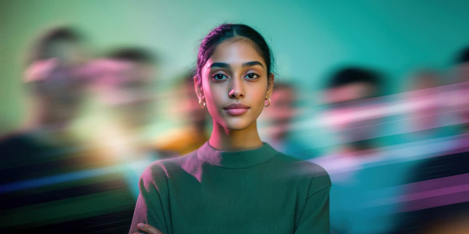 'n Selfversekerde jong vrou staan met gekruiste arms, skerp in fokus teen 'n vae agtergrond van mense, met kleurvolle ligstrepe wat 'n dinamiese effek byvoeg.