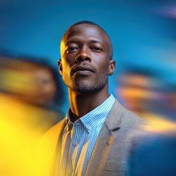 Confident African man in suit standing still against abstract blue and yellow motion crowd